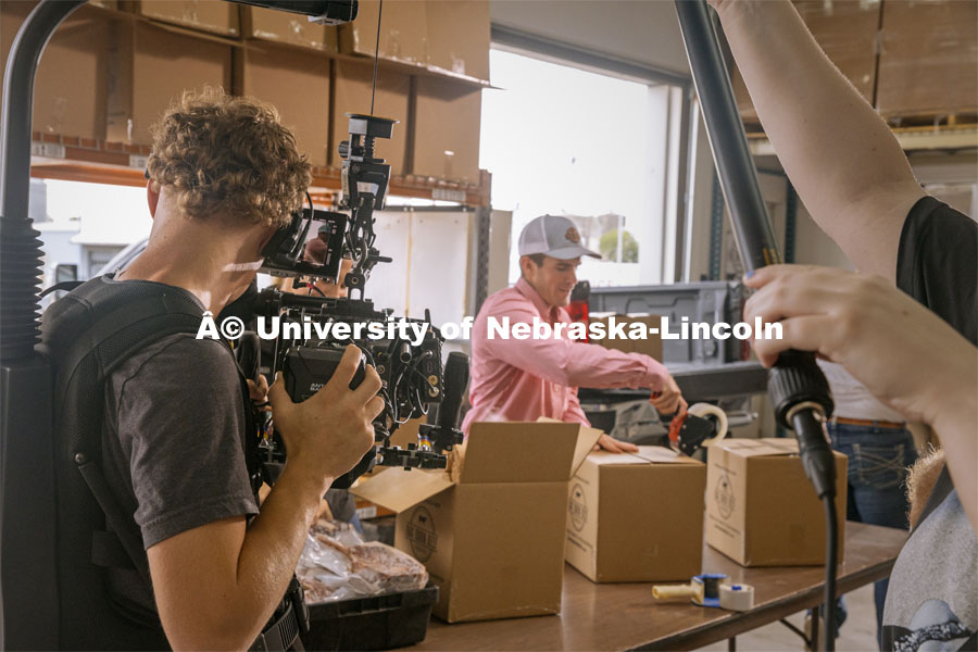 Videoing Oak Barn Beef in Westpoint, Nebraska. Behind the scenes photo for the university's new "Home Again" national advertisement. June 27, 2024. Photo by Kristen Labadie / University Communication.   